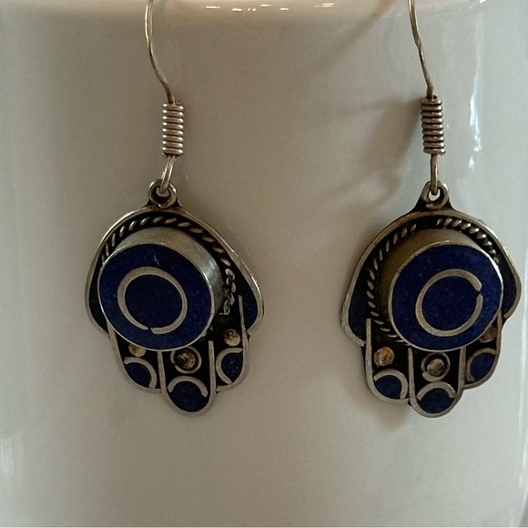 Truly Stunning Morocca “Hamsa” Style Earrings in Silver Plate and Lapis Lazuli. - Picture 4 of 6